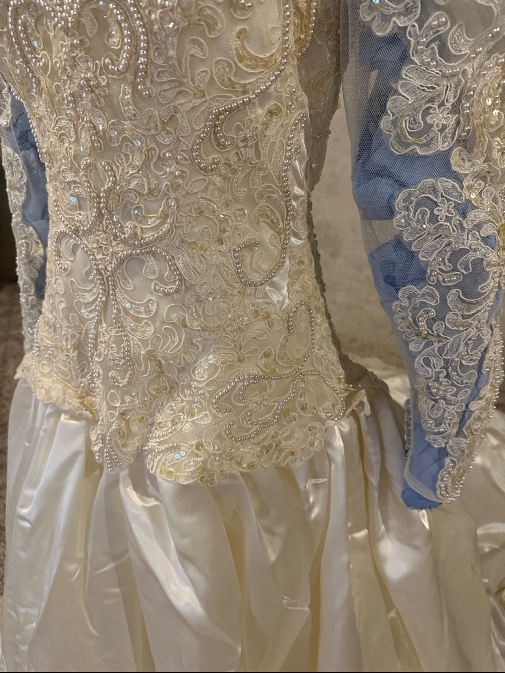 Vintage 90s Demetrios Wedding Dress | Beaded Lace Puff Sleeve Bridal Gown - Picture 3 of 8